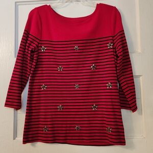 Talbots Shirt, Red Black Stripe Beaded Rhinestones Sz Med 100% Cotton EUC Blouse